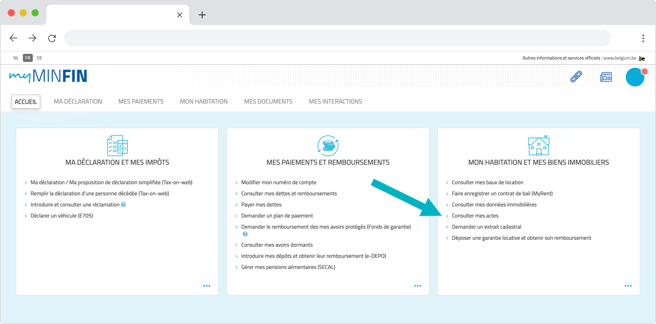 Screenshot du site "MyMinFin" montrant sur la page d'accueil dans la partie "Mon habitation et mes biens immobiliers" la sélection de "Consulter mes actes" qui redirigera vers vos actes notariés.