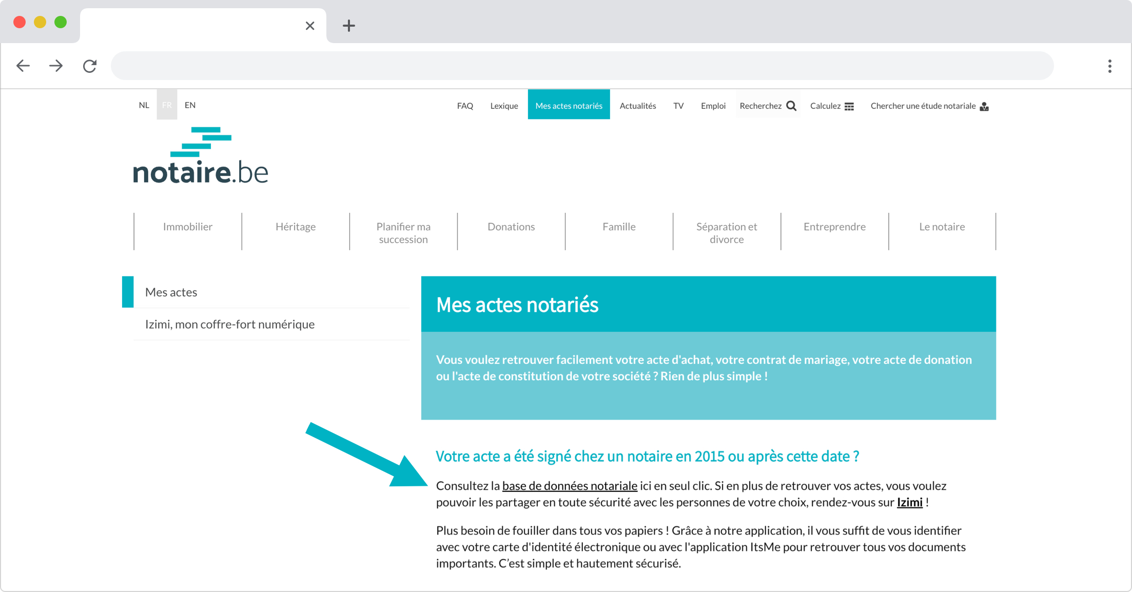 Screenshot du site notaire.be dans la partie "Mes actes notariés", montrant la sélection de la phrase "Consultez la base de données notariales" qui vous redirigent également vers vos actes notariés.