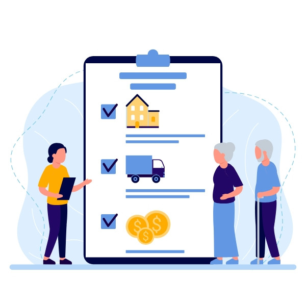Illustration d'une personne expliquant un document à un couple âgé, représentant une planification successorale ou une donation, avec des icônes de maison, camion de déménagement, et argent.