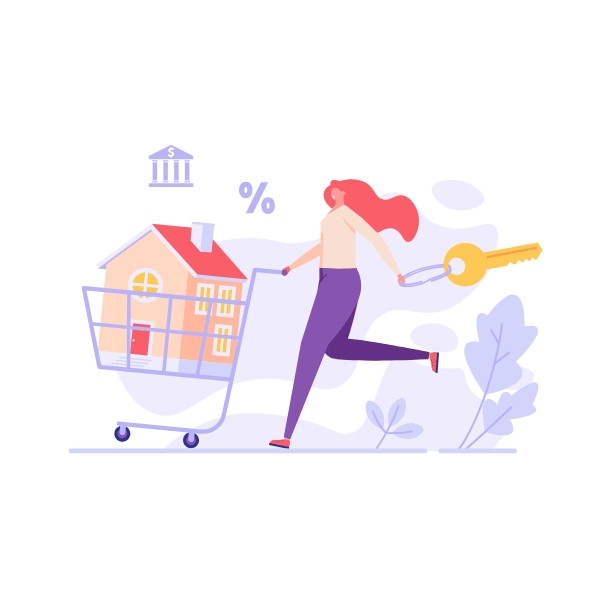 Illustration d'une femme courant avec un caddie contenant une maison et une clé géante, représentant l'achat d'une propriété immobilière.