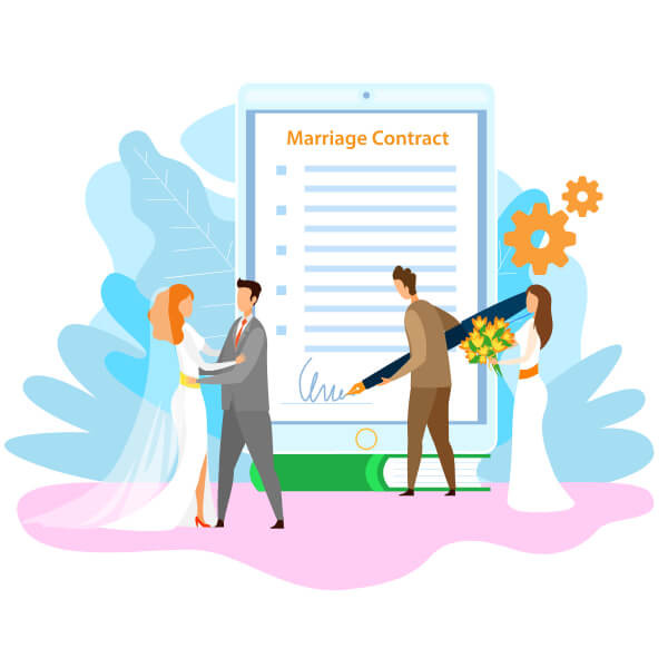 Illustration d'un contrat de mariage avec un couple se tenant la main et un individu signant le contrat, avec des décorations de mariage en arrière-plan.